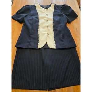 Vtg Leni Leni Women 14 Navy‎ White Stripe Lace Business Church Pencil Skirt Suit